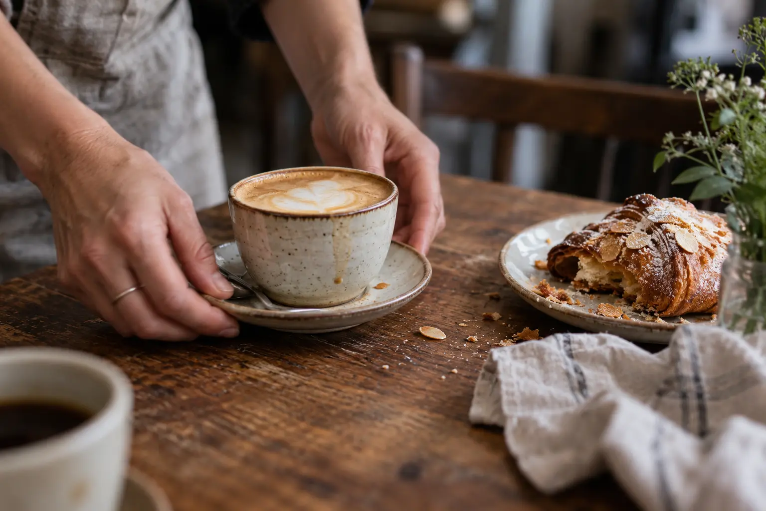 Una barista sirve café junto a un pan de almendra sobre una mesa con migas