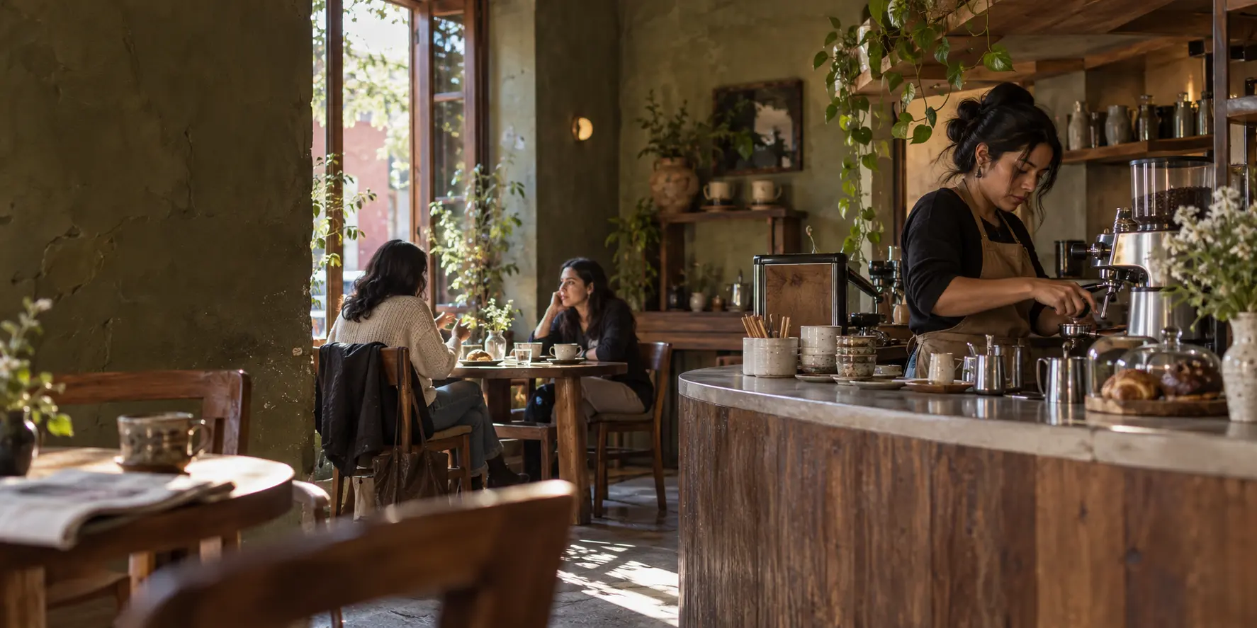 Barista trabajando mientras dos clientas conversan en Café Lumbre